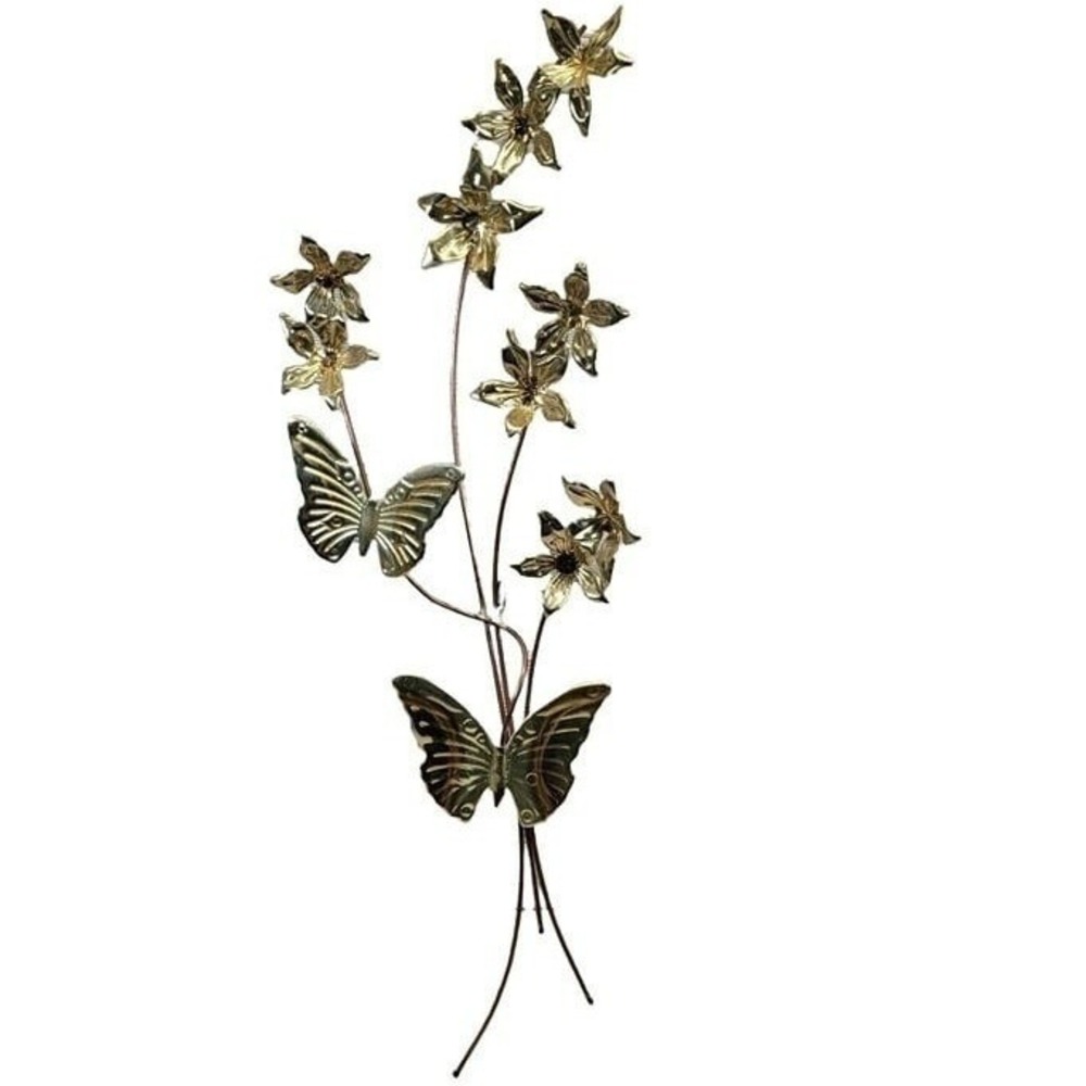 Metal Wall Art Sculpture Gold Flowers Butterflies‎ Mid Century Modern 27in Vtg